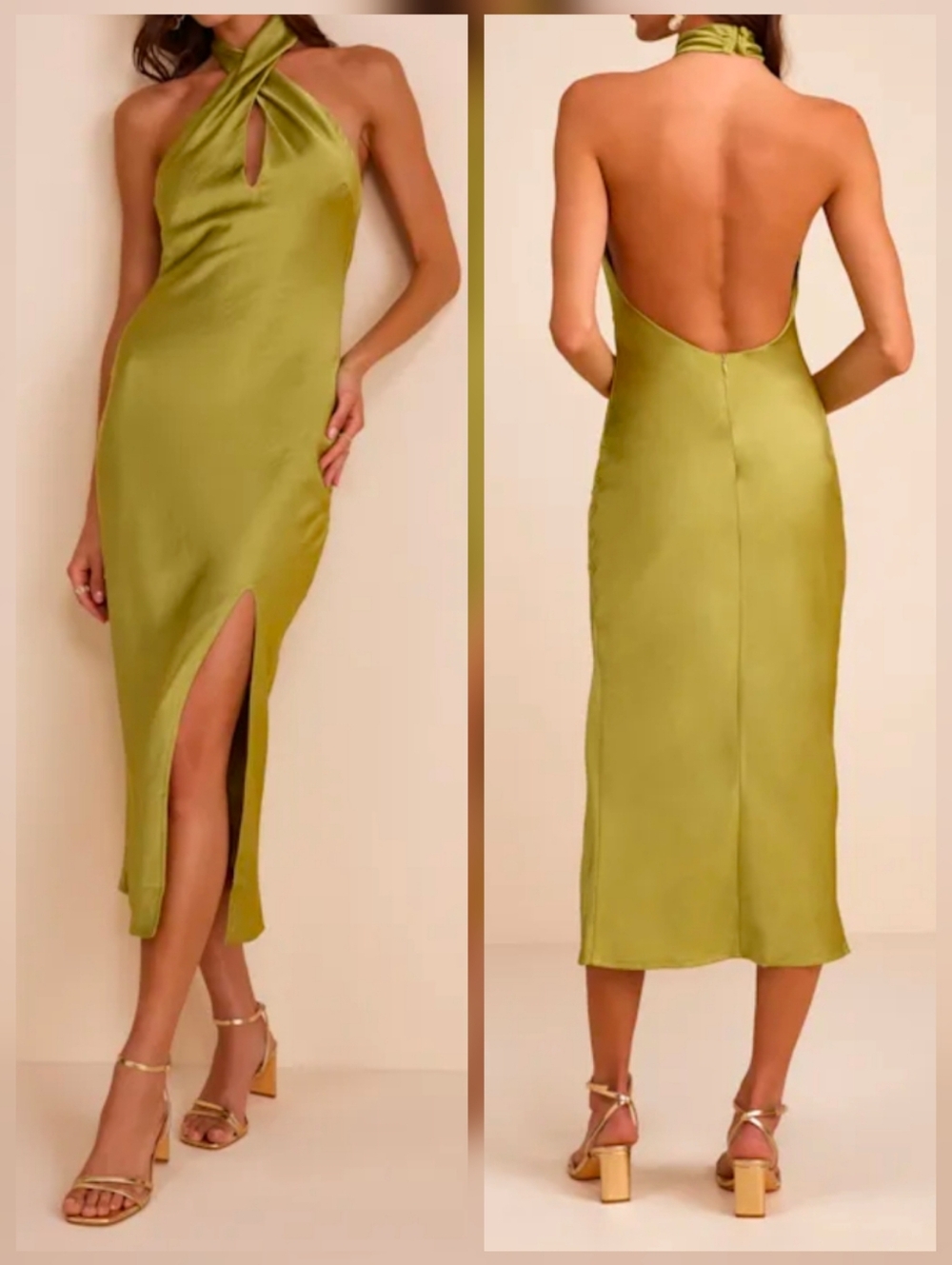 Lulus Beyond Classy Backless Chartreuse Satin Halter Midi Dress Thigh-high Slit